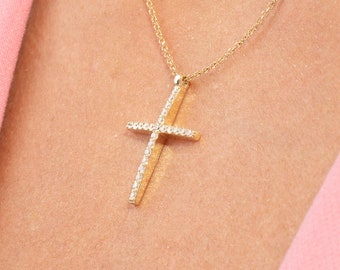 14k Solid Gold Cross Necklace Women | Chunky Gemstone Necklace | Crucifix Pendant | Christian Necklace | Religious Necklace | Cross Pendant