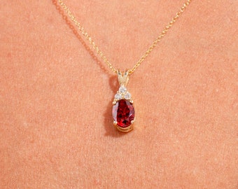 14k Solid Gold Garnet Pendant | January Birthstone Necklace | Cubic Zirconia Necklace | Dainty Chain Necklace | Gem Pendant Necklace