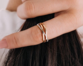 14k Solid Gold Crossover Ring | Dainty Wrap Ring | Triple X Ring | Wraparound Ring | Gemstone Ring | Chunky Ring | Retirement Gift for Woman