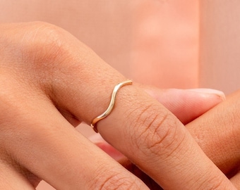 14k Solid Gold Wave Ring: Thin Stacking Wedding Band