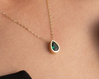 14k Solid Gold Emerald Necklace: Pear Cut Gemstone Pendant