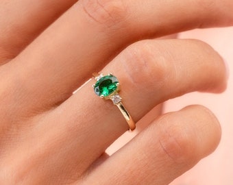 14k Solid Gold Emerald Ring | Oval Engagement Ring | 3 Stone Ring | Promise Ring | Cubic Zirconia Ring | Anniversary Ring | Birthstone Ring
