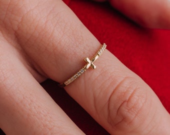 14k Solid Gold Cross Wedding Ring | Half Eternity Ring | Tiny Cross Ring | Minimal Stackable Ring | Religious Ring | Christian Ring Women