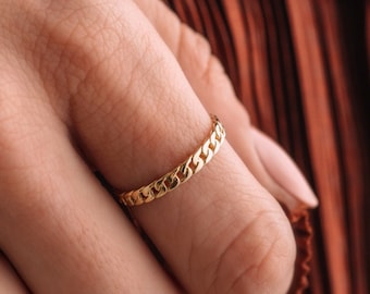 14k Solid Gold Cuban Link Ring | 2.5mm Wedding Band | Chunky Chain Ring | Stackable Gold Ring | Curb Chain Ring | Men and Women Wedding Band