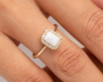 14k Solid Gold Opal Ring | Halo Engagement Ring | Gemstone Ring | Solitaire Ring | Wedding Ring | Anniversary Gift | Opal Rings for Women