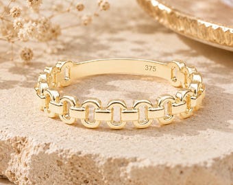 9K Gold Chain Link Ring • Modern Statement Band • Stackable Jewelry Gift