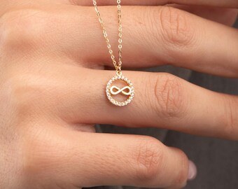 14K Solid Gold Infinity Necklace • Cubic Zirconia Circle Pendant • Elegant Fine Jewelry