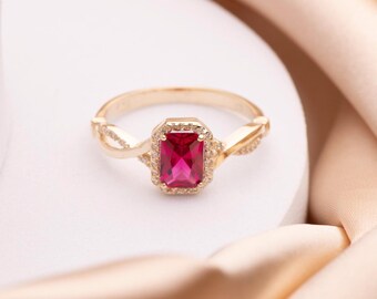 14K Solid Gold Halo Ruby Ring • Rectangle Engagement Ring • July Birthstone