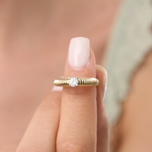 14k Solid Gold Solitaire Ribbed Ring | Charlotte One Stone Ring | Unique Engagement Ring | Pinky Gemstone Ring | Statement Rings for Women