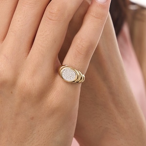 14k Solid Gold Oval Signet Ring | Dainty Pinky Ring | Initial Daily Ring | Gemstone Ring | Chevalier Ring | Croissant Signet Ring for Ladies