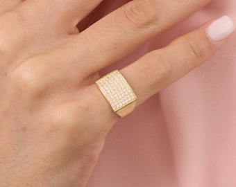 14k Solid Gold Rectangle Signet Ring | Dainty Cubic Zirconia Ring | Geometric Ring | Unique Initial Ring | Signet Ring | Rectangle Ring