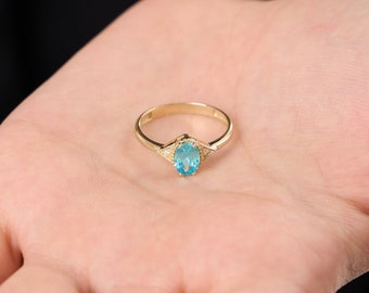 14k Solid Gold Vintage Aqua Marine Ring | Oval Gemstone Solitaire Ring | Simple Statement Ring | Anniversary Ring | Cubic Zirconia Ring