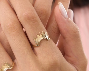 14k Solid Gold Sunburst Ring | Dainty Celestial Stacking Ring