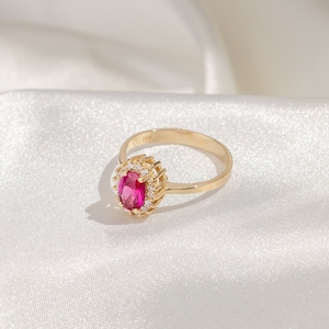 14k Solid Gold Ruby Halo Ring: Minimalist Flower Engagement Ring
