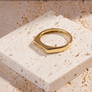 14k Solid Gold Signet Ring: Dainty Rectangle Engraved Bar Ring