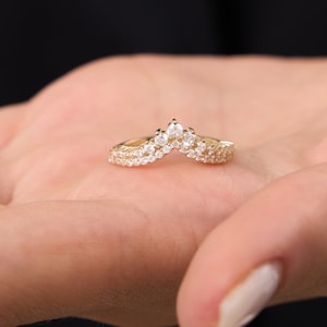 14k Solid Gold Royal Curve Ring | Curved Wedding Band Ring Women | Dainty V Shaped Chevron Ring Enhancer with Cubic Zirconia for Her