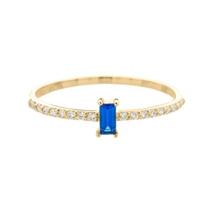 14k Solid Gold Baguette Ring: CZ Gemstone, Dainty Gold Band