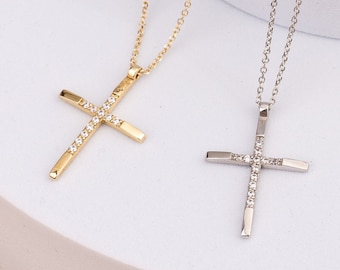 14k Solid Gold Cross Pendant Necklace | Crucifix Necklace | Christian Necklace | Religious Necklace | Gemstone Necklace for Women