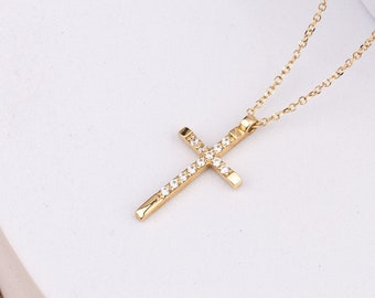 14k Solid Gold Cross Necklace | Gemstone Necklace | Crucifix Necklace | Religious Necklace | Christian Necklace | Cross Pendant for Women