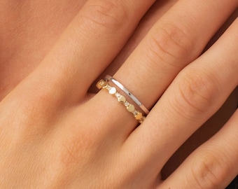 14k Solid Gold Double Wedding Band | Half Eternity Ring | Dainty Heart Ring | Gemstone Ring | Prong Setting Ring | Wedding Ring for Women