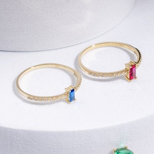 14k Solid Gold Baguette Birthstone Ring: Stackable CZ Band