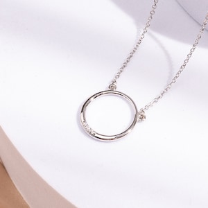 14k Solid Gold Circle Necklace: Dainty Gemstone Pendant