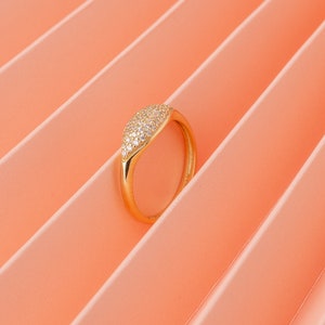 14k Solid Gold Sparkle Pinky Ring Dainty Pave Signet Ring Women Minimalist Sparkling Ring Unique Cubic Zirconia Stacking Ring image 1