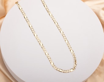 14K Solid Gold Figaro Chain Necklace, Yellow Gold Curb Links, Unisex Jewelry