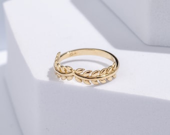 14k Solid Gold Laurel Wreath Curve Ring | Vine Leaves Wedding Ring | Flower Eternity Band Women | Nature Inspired Ring Real Gold