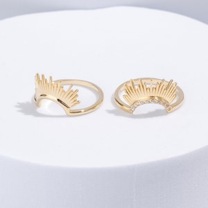 14k Solid Gold Sunshine Ring Dainty Sun Stacking Ring Women Half Sunburst Nesting Ring Minimalist Celestial Ring Handmade Gold Ring image 1