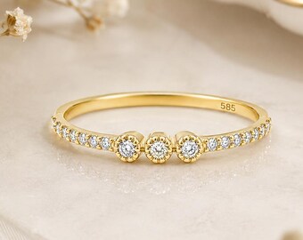 14K Solid Gold Three Stone Ring • Half Eternity Band • Dainty Stacking Ring