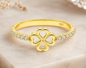 14K Solid Gold Heart Clover Ring • Half Eternity CZ Band • Anniversary Gift for Her