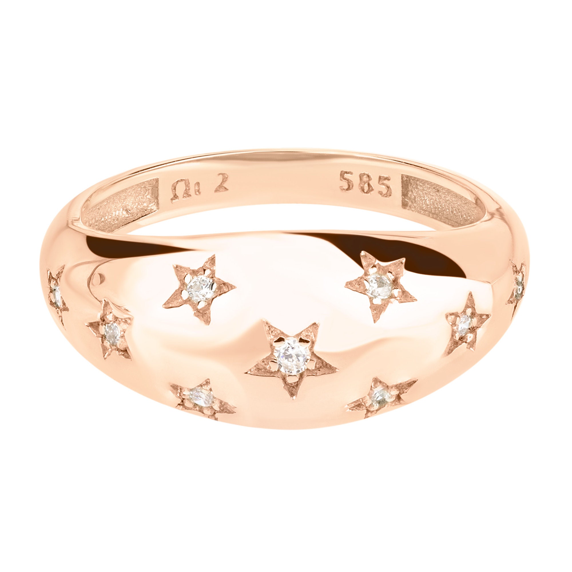 Bague Femme Or Jaune 14K Pavé Diamants Motif Céleste étoiles Dôme - Neuve Personnalisable