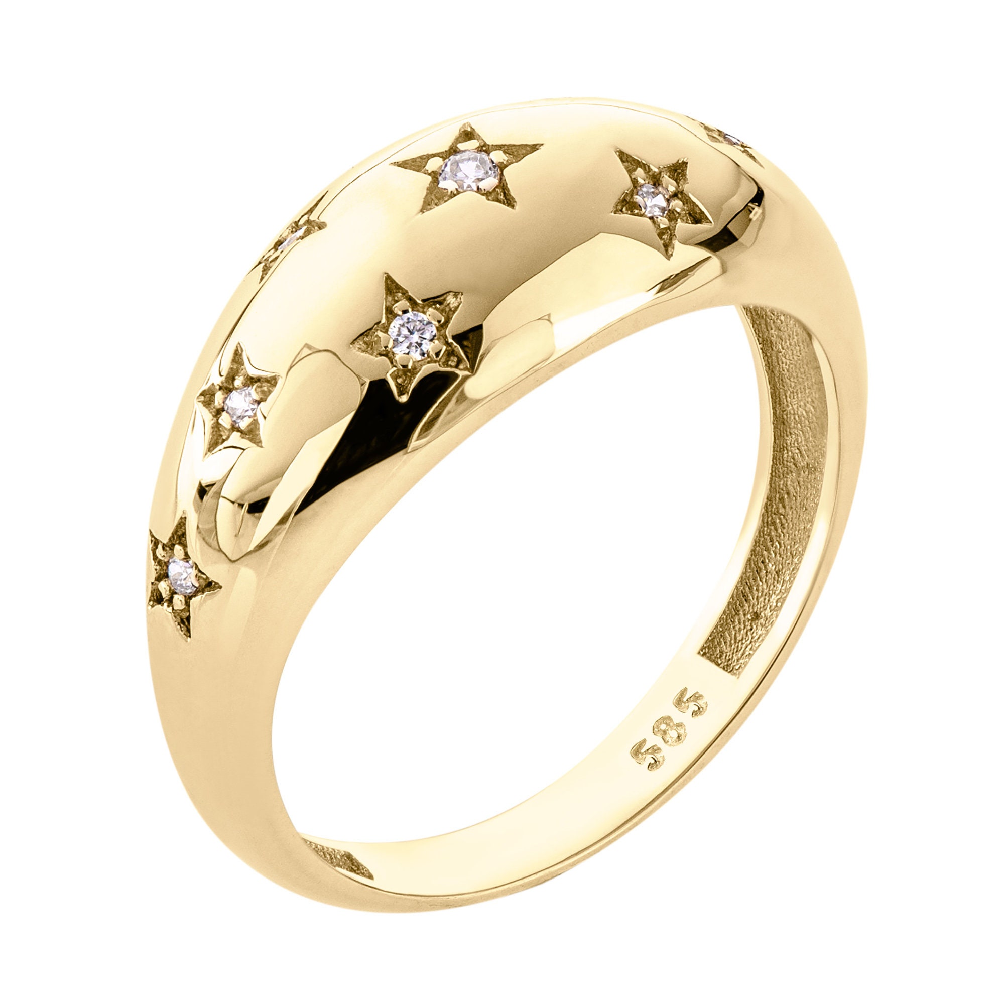 Bague Femme En Or Jaune 14k Sur Argent 925 Avec Diamants - Motif étoile Dôme Céleste - Taille Ajustable 5 à 15