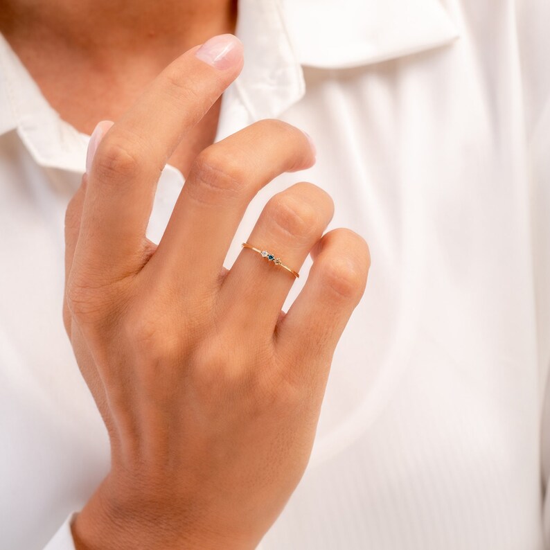 14k Solid Gold Three Stone Ring: Cubic Zirconia Stackable Ring - Etsy