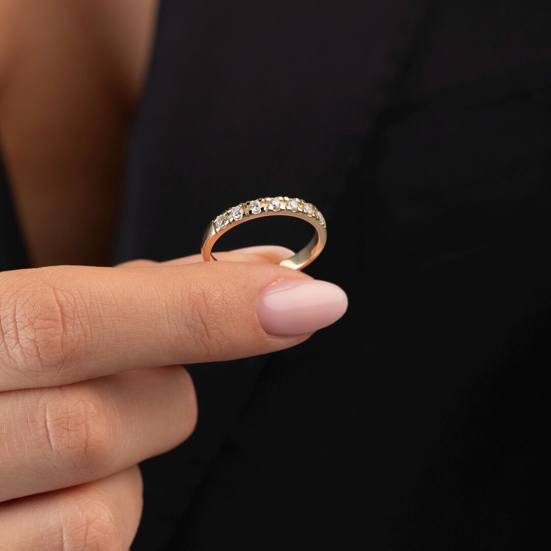 14K Solid Gold Cubic Zirconia Wedding Band • Half Eternity Ring ...