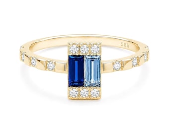 14K Solid Gold Two Birthstone Ring, Personalized Baguette Ring
