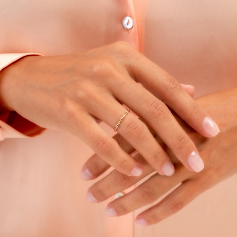 14k Solid Gold Beaded Ring: Three Stone Cubic Zirconia Stackable Ring ...