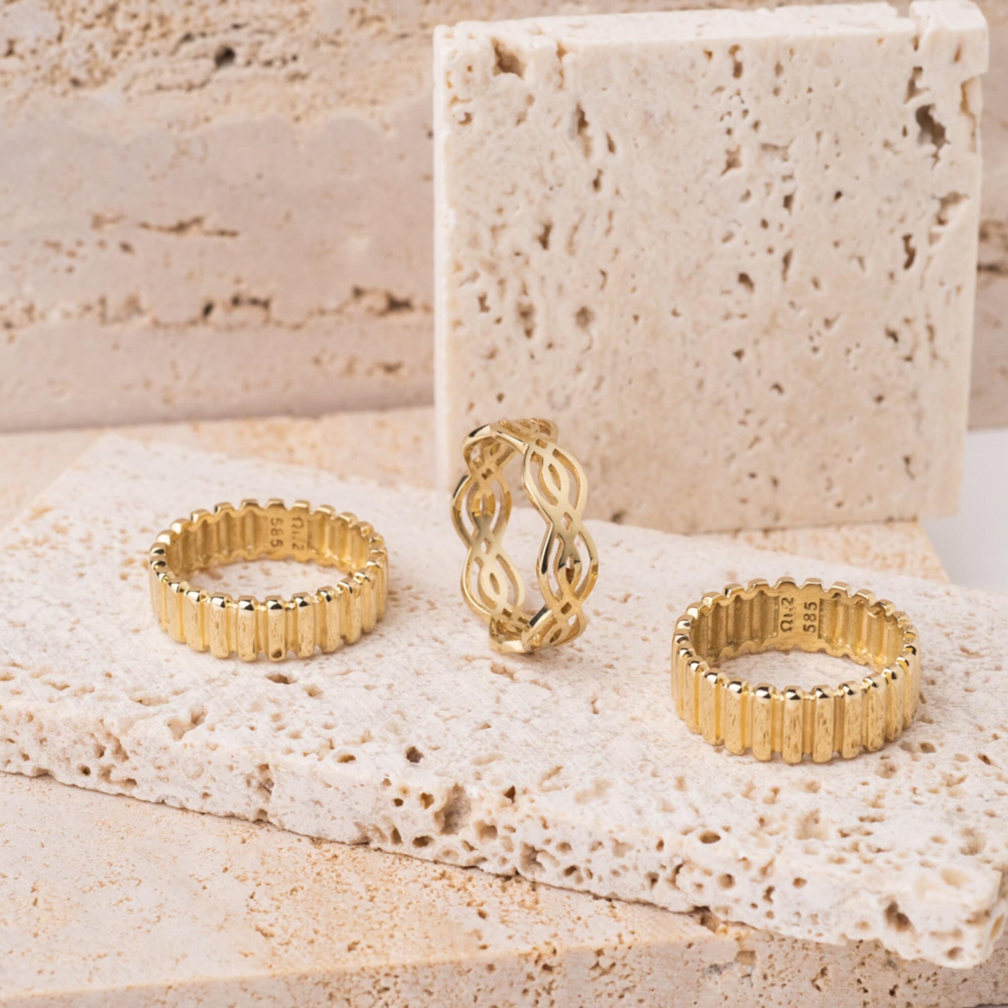 14k Solid Gold Ribbed Band Ring: Chunky Dome Statement Ring