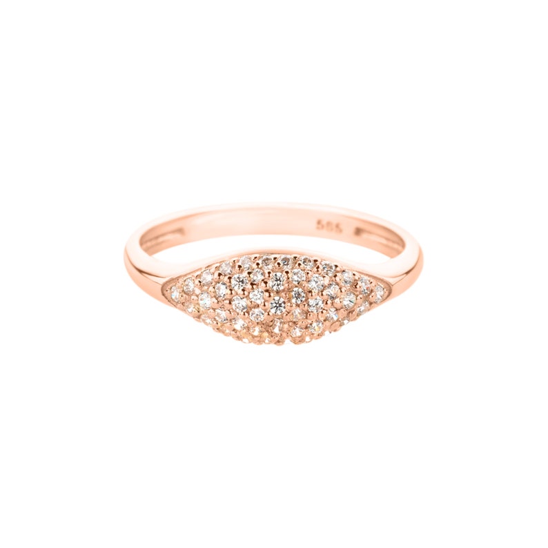 14k Solid Gold Sparkle Pinky Ring Dainty Pave Signet Ring Women Minimalist Sparkling Ring Unique Cubic Zirconia Stacking Ring 14k Rose Gold