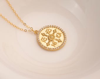 14K Solid Gold IC XC Nika Coin Necklace with Cubic Zirconia