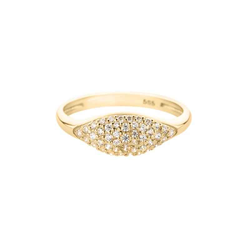 14k Solid Gold Sparkle Pinky Ring Dainty Pave Signet Ring Women Minimalist Sparkling Ring Unique Cubic Zirconia Stacking Ring 14k Yellow Gold