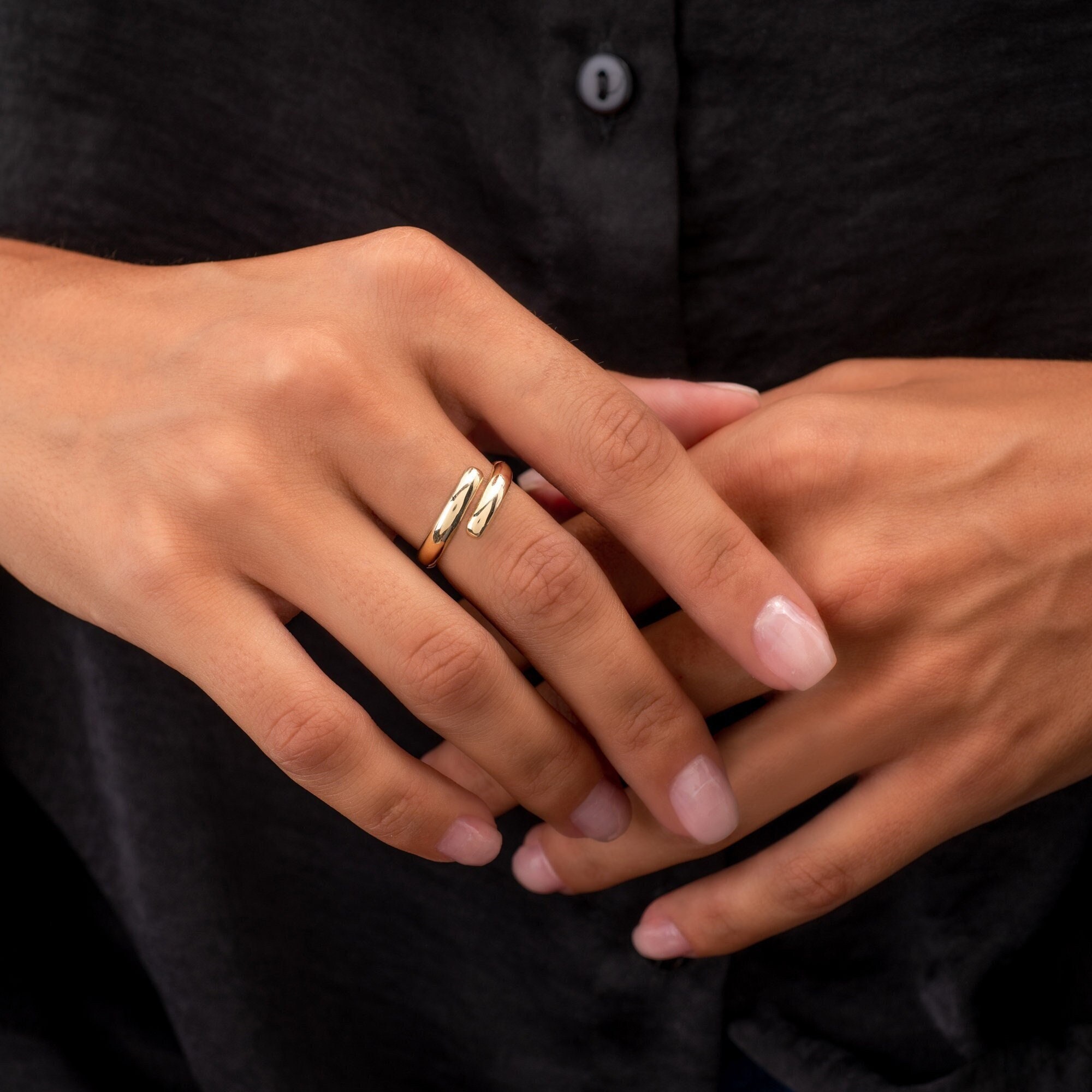 9k Solid Gold Dome Ring: Dainty Wraparound Bypass Ring