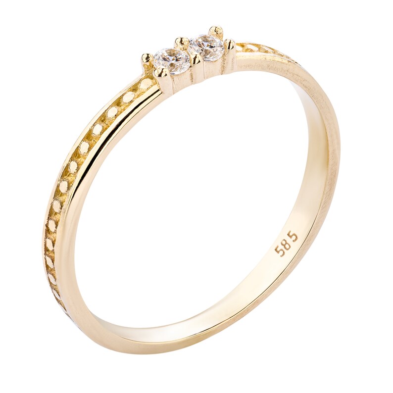 14k Solid Gold Two Stone Ring: Cubic Zirconia Stacking Ring - Etsy