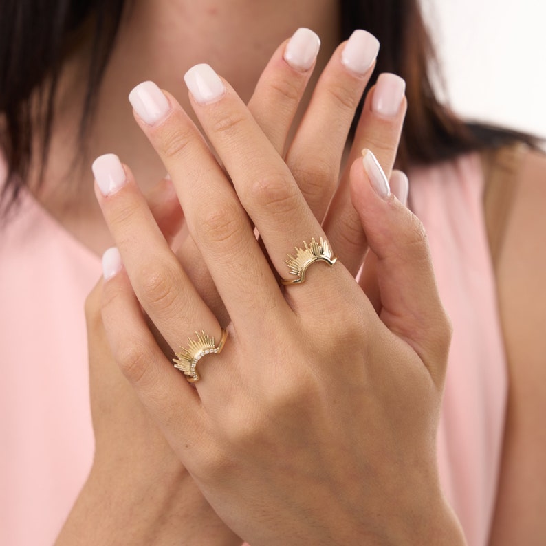 14k Solid Gold Sunshine Ring Dainty Sun Stacking Ring Women Half Sunburst Nesting Ring Minimalist Celestial Ring Handmade Gold Ring image 9