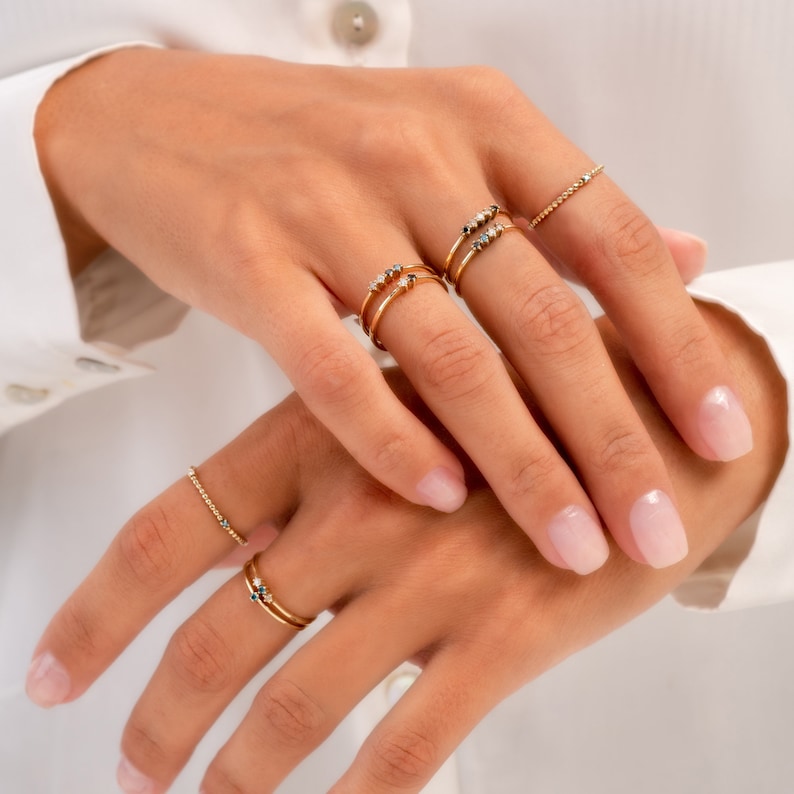 14k Solid Gold Three Stone Ring: Cubic Zirconia Stackable Ring - Etsy