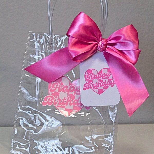 Party Favor bag with handle Clear Groovy Happy Birthday Gift Bag with Gift Tag and Bow Checker Heart