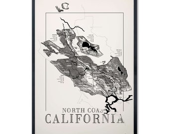 Wine map of North Coast California, North Coast California wine region map