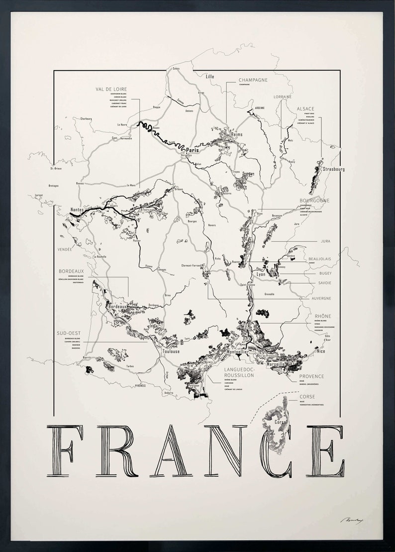 Carte des vins de France, carte des régions viticoles de France Black