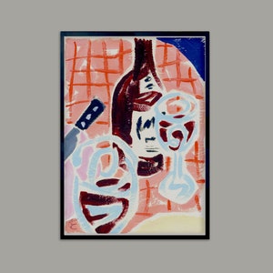 May include: Abstract painting of a wine bottle, a glass, and a knife on a red and white checkered background. The painting is done in a loose, gestural style with bold colors.